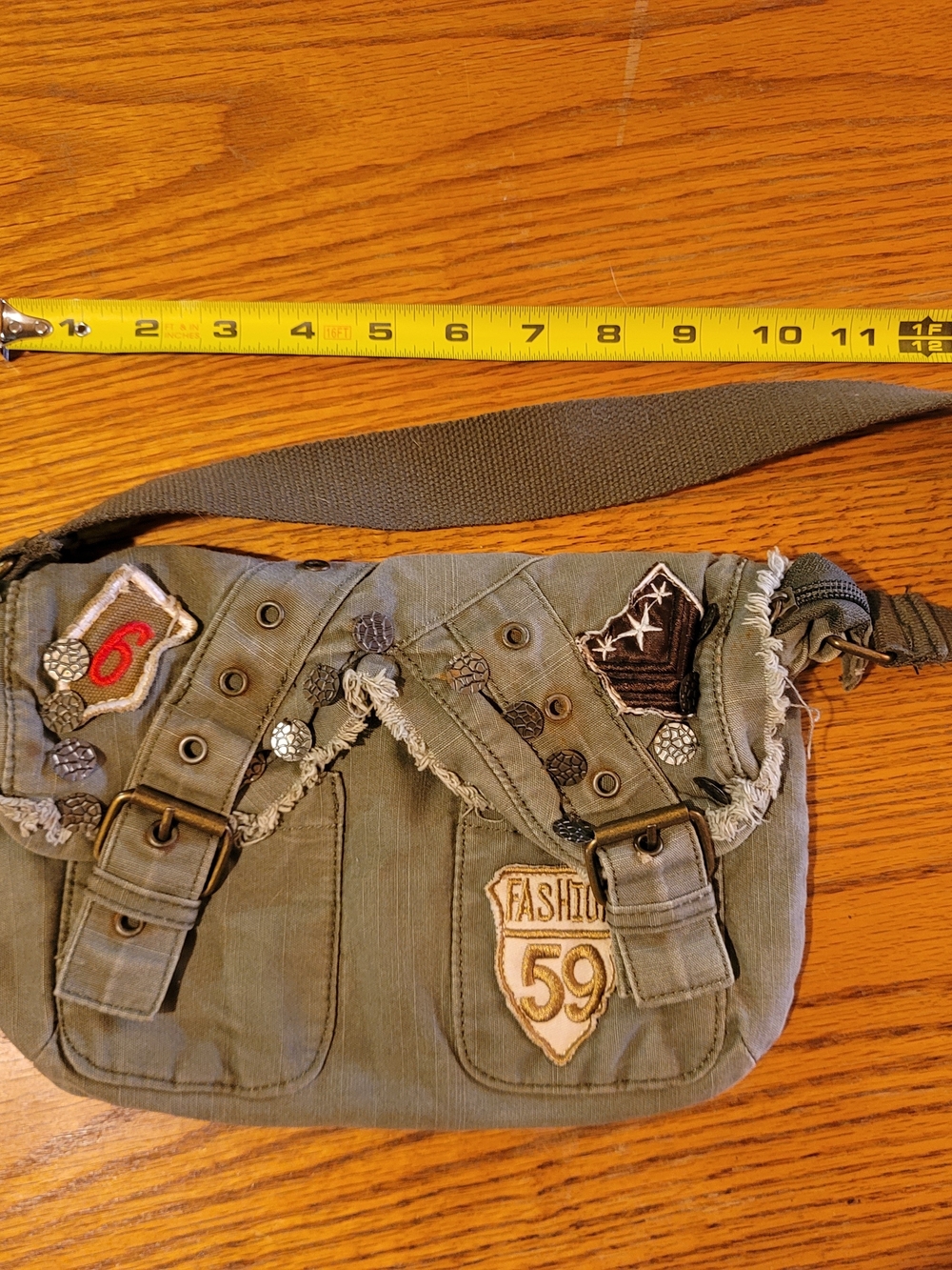 Vintage Y2K Olive Green Canvas Shoulder Bag with Patch Accents - Picture 3 of 8